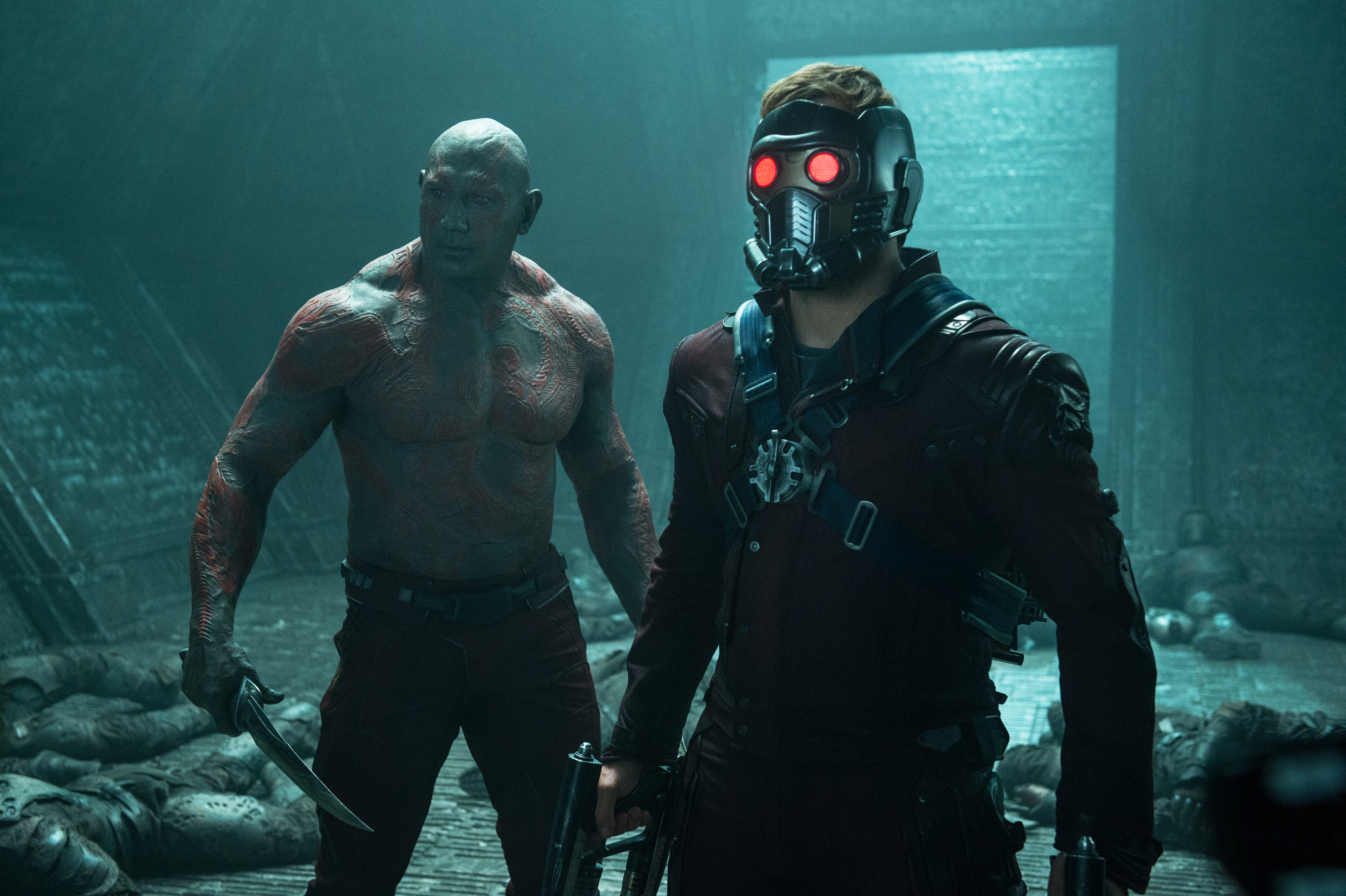 Marvel's Guardians Of The Galaxy..L to R: Drax the Destroyer (Dave Bautista) & Peter Quill/Star-Lord (Chris Pratt)..Ph: Jay Maidment..?Marvel 2014