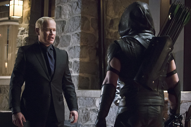 Arrow -- "Blood Debts" -- Image AR410a_0167b.jpg -- Pictured (L-R): Neal McDonough as Damien Darhk and Stephen Amell as The Arrow -- Photo: Katie Yu/ The CW -- ÃÂ© 2015 The CW Network, LLC. All Rights Reserved.