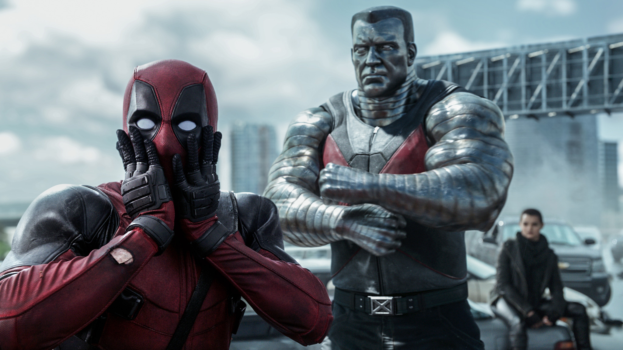 Deadpool (Ryan Reynolds) reacts to Colossus’ (voiced by Stefan Kapicic) threats.