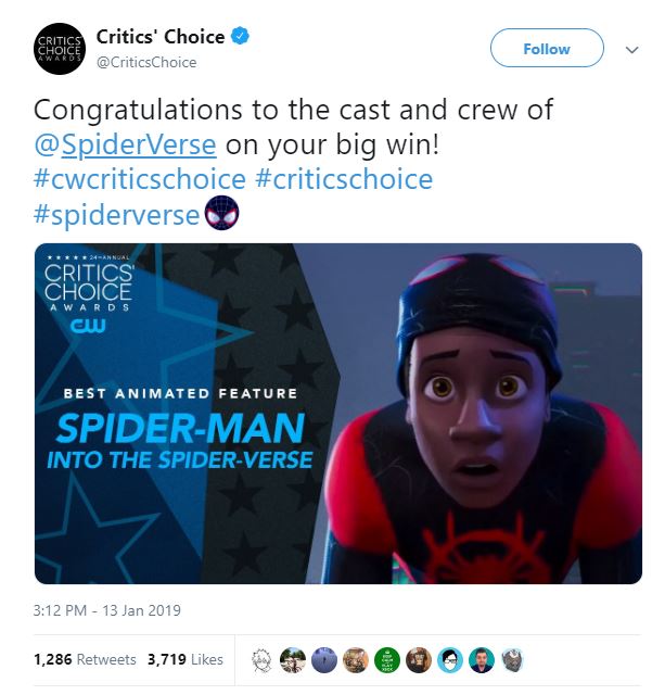 Spider-Man: Into The Spider-Verse Critics Choice Awards