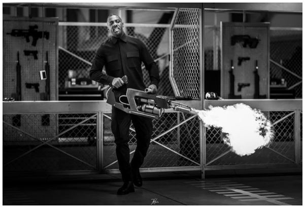 Hobbs & Shaw BTS Photo Idris Elba Flamethrower