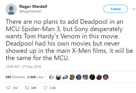 MCU Sony Spider-Man 3 Deadpool Venom Tom Hardy