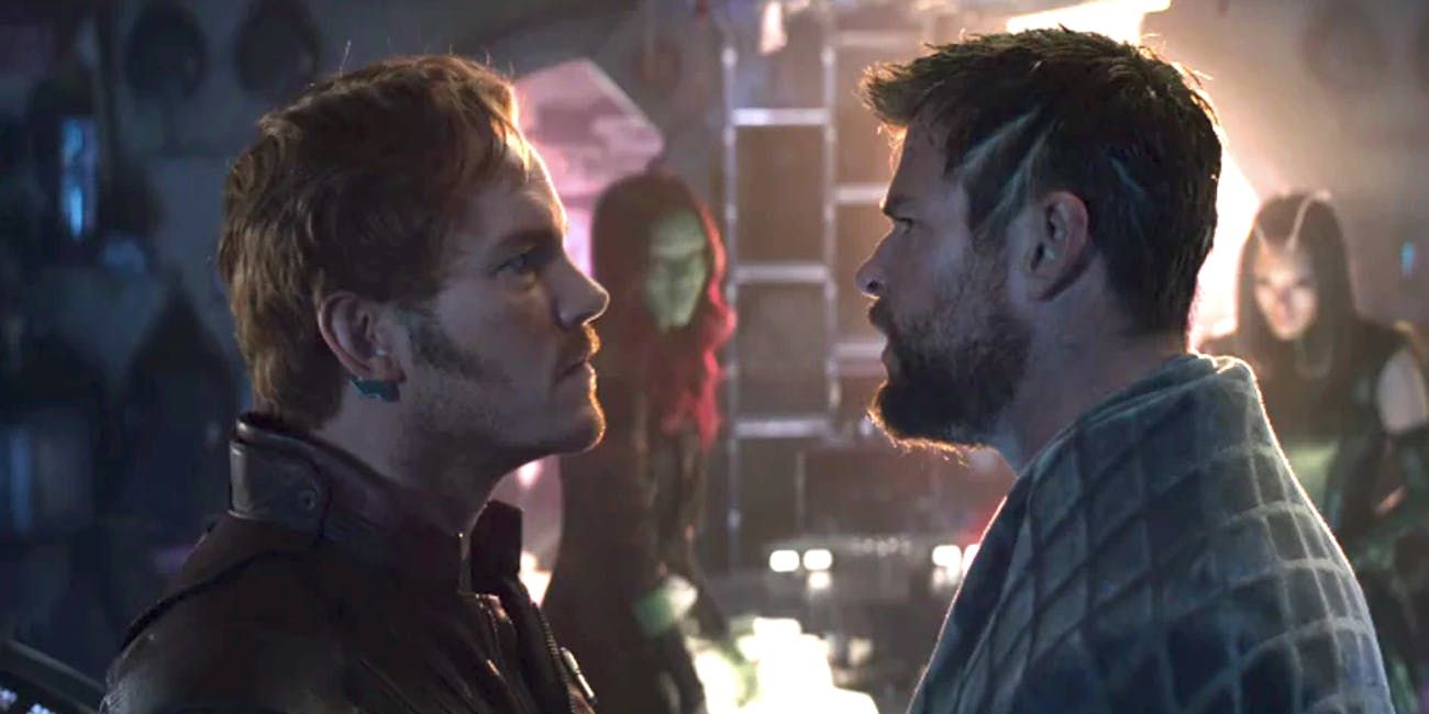 Chris Hemsworth as Thor and Chris Pratt as Star Lord in Avengers Infinity War